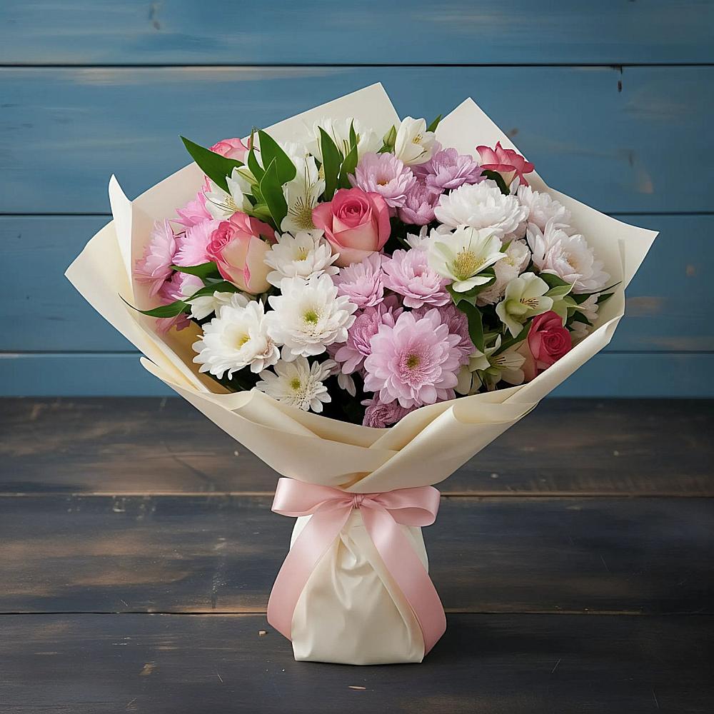 Букет цветов из: Хризантемы, Альстромерии и Розы в Задонске